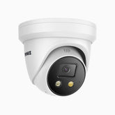 C800X - 4K PoE IP-övervakningskamera för utomhusbruk, 1/1,8" BSI-sensor, f/1,6 bländare (0,003 lux), siren och blixtljuslarm, tvåvägsljud, person- och fordonsdetektering, områdesskydd, hölje helt i metall