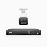 HZ804 - 4K 4-kanals PoE-övervakningssystem med 1 kamera, 4× optisk zoom, motoriserat varifokalobjektiv (2,8–12 mm), smart dubbelljus-nattsyn, rörelsedetektering 2.0, inbyggd mikrofon, siren och blixtlarm, uppgraderad version