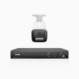 HZ804 - 4K 4-kanals PoE-övervakningssystem med 1 kamera, 4× optisk zoom, motoriserat varifokalobjektiv (2,8–12 mm), smart dubbelljus-nattsyn, rörelsedetektering 2.0, inbyggd mikrofon, siren och blixtlarm, uppgraderad version