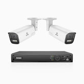 HZ804 - 4K 4-kanals PoE-övervakningssystem med 2 kameror, 4× optisk zoom, motoriserat varifokalobjektiv (2,8–12 mm), smart dubbelljus-nattsyn, rörelsedetektering 2.0, inbyggd mikrofon, siren och blixtlarm, uppgraderad version
