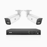 HZ804 - 4K 4-kanals PoE-övervakningssystem med 2 kameror, 4× optisk zoom, motoriserat varifokalobjektiv (2,8–12 mm), smart dubbelljus-nattsyn, rörelsedetektering 2.0, inbyggd mikrofon, siren och blixtlarm, uppgraderad version