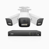 HZ804 - 4K 4-kanals PoE-övervakningssystem med 3 kameror, 4× optisk zoom, motoriserat varifokalobjektiv (2,8–12 mm), smart dubbelljus-nattsyn, rörelsedetektering 2.0, inbyggd mikrofon, siren och blixtlarm, uppgraderad version