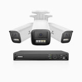 HZ804 - 4K 4-kanals PoE-övervakningssystem med 3 kameror, 4× optisk zoom, motoriserat varifokalobjektiv (2,8–12 mm), smart dubbelljus-nattsyn, rörelsedetektering 2.0, inbyggd mikrofon, siren och blixtlarm, uppgraderad version
