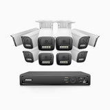 HZ804 - 4K 16-kanals PoE-övervakningssystem med 10 kameror, 4× optisk zoom, motoriserat varifokalobjektiv (2,8–12 mm), smart dubbelljus-nattsyn, rörelsedetektering 2.0, inbyggd mikrofon, siren och blixtlarm, uppgraderad version