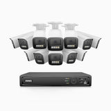 HZ804 - 4K 16-kanals PoE-övervakningssystem med 12 kameror, 4× optisk zoom, motoriserat varifokalobjektiv (2,8–12 mm), smart dubbelljus-nattsyn, rörelsedetektering 2.0, inbyggd mikrofon, siren och blixtlarm, uppgraderad version