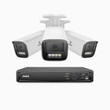 HZ804 - 4K 8-kanals PoE-övervakningssystem med 3 kameror, 4× optisk zoom, motoriserat varifokalobjektiv (2,8–12 mm), smart dubbelljus-nattsyn, rörelsedetektering 2.0, inbyggd mikrofon, siren och blixtlarm, uppgraderad version