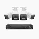 HZ804 - 4K 8-kanals PoE-övervakningssystem med 4 kameror, 4× optisk zoom, motoriserat varifokalobjektiv 2,8–12 mm, smart dubbelljus-nattsyn, rörelsedetektering 2.0, inbyggd mikrofon, siren och blixtlarm, uppgraderad version