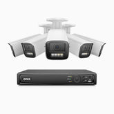 HZ804 - 4K 8-kanals PoE-övervakningssystem med 5 kameror, 4× optisk zoom, motoriserat varifokalobjektiv (2,8–12 mm), smart dubbelljus-nattsyn, rörelsedetektering 2.0, inbyggd mikrofon, siren och blixtlarm, uppgraderad version