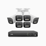 HZ804 - 4K 8-kanals PoE-övervakningssystem med 6 kameror, 4× optisk zoom, motoriserat varifokalobjektiv 2,8–12 mm, smart dubbelljus-nattsyn, rörelsedetektering 2.0, inbyggd mikrofon, siren och blixtlarm, uppgraderad version