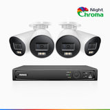 NightChroma™ NBRK800 - 4K 8-kanals PoE-övervakningssystem för utomhusbruk med 4 kameror, röda och blå varningsljus samt siren, 3840 × 2160, Acme-färg- och IR-nattseende, person- och fordonsdetektering, tvåvägsljud, IP67, hölje helt i metall