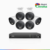 NightChroma™ NBRK800 - 4K 8-kanals PoE-övervakningssystem för utomhusbruk med 6 kameror, röda och blå varningsljus samt siren, 3840 × 2160, Acme-färg- och IR-nattseende, person- och fordonsdetektering, tvåvägsljud, IP67, hölje helt i metall