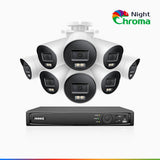 NightChroma™ NBRK800 - 4K 8-kanals PoE-övervakningssystem för utomhusbruk med 8 kameror, röda och blå varningsljus samt siren, 3840 × 2160, Acme-färg- och IR-nattseende, person- och fordonsdetektering, tvåvägsljud, IP67, hölje helt i metall