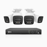 H1200 - 4K 12MP 8-kanals PoE-övervakningssystem med 4 kameror, färg- och IR-nattsyn, smart person- och fordonsdetektering, H.265+, inbyggd mikrofon, lokal lagring upp till 512 GB, IP67