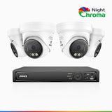 NightChroma™ NBRK800 - 4K 8-kanals PoE-övervakningssystem för utomhusbruk med 4 kameror, röda och blå varningsljus samt siren, 3840 × 2160, Acme-färg- och IR-nattseende, person- och fordonsdetektering, tvåvägsljud, IP67, hölje helt i metall