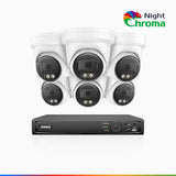 NightChroma™ NBRK800 - 4K 8-kanals PoE-övervakningssystem för utomhusbruk med 6 kameror, röda och blå varningsljus samt siren, 3840 × 2160, Acme-färg- och IR-nattseende, person- och fordonsdetektering, tvåvägsljud, IP67, hölje helt i metall