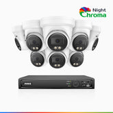 NightChroma™ NBRK800 - 4K 8-kanals PoE-övervakningssystem för utomhusbruk med 8 kameror, röda och blå varningsljus samt siren, 3840 × 2160, Acme-färg- och IR-nattseende, person- och fordonsdetektering, tvåvägsljud, IP67, hölje helt i metall