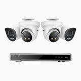 H800X - 4K 8-kanals PoE-övervakningssystem med 2 bulletkameror och 2 turretkameror, 1/1,8" BSI-sensor, f/1,6-bländare (0,003 lux), siren och blixtlarm, tvåvägsljud, smart person- och fordonsdetektering, områdesskydd