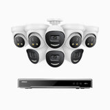 H800X - 4K 8-kanals PoE-övervakningssystem med 4 bulletkameror och 4 turretkameror, 1/1,8" BSI-sensor, f/1,6-bländare (0,003 lux), siren och blixtlarm, tvåvägsljud, smart person- och fordonsdetektering, områdesskydd