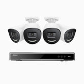 H800X - 4K 8-kanals PoE-övervakningssystem med 4 kameror, 1/1,8" BSI-sensor, f/1,6-bländare (0,003 lux), siren och blixtlarm, tvåvägsljud, smart person- och fordonsdetektering, områdesskydd