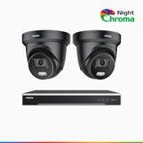 NightChroma™ NCK800 - 4K 8-kanals PoE-övervakningssystem med 2 kameror, f/1,0 superbländare, färgnattseende, 2-kanals 4K-avkodning, person- och fordonsdetektering, intelligent beteendeanalys, inbyggd mikrofon, 124° synfält, hölje helt i metall