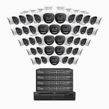 H800X - 4K 64-kanals PoE-övervakningssystem med 48 kameror, 1/1,8" BSI-sensor, f/1,6-bländare (0,003 lux), siren och blixtlarm, tvåvägsljud, smart person- och fordonsdetektering, områdesskydd