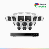 NightChroma™ NCK800 - 4K 16-kanals PoE-övervakningssystem med 8 bullet- och 8 turretkameror, f/1,0 superbländare, färgnattseende, 2-kanals 4K-avkodning, person- och fordonsdetektering, intelligent beteendeanalys, inbyggd mikrofon, 124° synfält