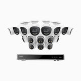 H800X - 4K 16-kanals PoE-övervakningssystem med 8 bulletkameror och 8 turretkameror, 1/1,8" BSI-sensor, f/1,6-bländare (0,003 lux), siren och blixtlarm, tvåvägsljud, smart person- och fordonsdetektering, områdesskydd