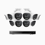 H800X - 4K 16-kanals PoE-övervakningssystem med 10 kameror, 1/1,8" BSI-sensor, f/1,6-bländare (0,003 lux), siren och blixtlarm, tvåvägsljud, smart person- och fordonsdetektering, områdesskydd