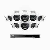 H800X - 4K 16-kanals PoE-övervakningssystem med 12 kameror, 1/1,8" BSI-sensor, f/1,6-bländare (0,003 lux), siren och blixtlarm, tvåvägsljud, smart person- och fordonsdetektering, områdesskydd