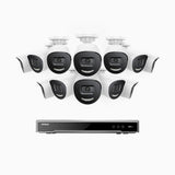 H800X - 4K 16-kanals PoE-övervakningssystem med 12 kameror, 1/1,8" BSI-sensor, f/1,6-bländare (0,003 lux), siren och blixtlarm, tvåvägsljud, smart person- och fordonsdetektering, områdesskydd