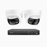 FDH800 - 4K 8-kanals PoE-övervakningssystem med 2 dubbellinskameror, sömlös 180° panoramavy, 77° vertikalt synfält, smart färgnattseende, aktiv avskräckning och tvåvägsljud