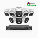 NightChroma™ NCK500 - 3K 16-kanals PoE-övervakningssystem med 4 bullet- och 4 turretkameror, Acme-färgnattseende, f/1,0 superbländare, aktiv justering, inbyggd mikrofon, IP67, hölje helt i metall