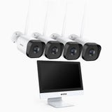 WTL800 - 4K 10-kanals trådlöst övervakningssystem med 4 kameror och 12-tumsskärm, 2,4/5,8 GHz Dual-Band WiFi Pro, persondetektering, tvåvägsljud, mörkerseende, fungerar med Alexa