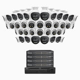 H800X - 4K 64-kanals PoE-övervakningssystem med 20 bulletkameror och 20 turretkameror, 1/1,8" BSI-sensor, f/1,6-bländare (0,003 lux), siren och blixtlarm, tvåvägsljud, smart person- och fordonsdetektering, områdesskydd