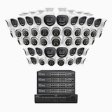H800X - 4K 64-kanals PoE-övervakningssystem med 24 bulletkameror och 24 turretkameror, 1/1,8" BSI-sensor, f/1,6-bländare (0,003 lux), siren och blixtlarm, tvåvägsljud, smart person- och fordonsdetektering, områdesskydd