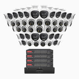 H800X - 4K 64 Channel PoE Security System with 24 Bullet & 24 Turret Cameras, 1/1.8'' BSI Sensor, f/1.6 Aperture (0.003 Lux), Siren & Strobe Alarm,Two-Way Audio, Human & Vehicle Detection, Perimeter Protection, All-Metal Housing