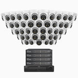 H800X - 4K 64-kanals PoE-övervakningssystem med 48 kameror, 1/1,8" BSI-sensor, f/1,6-bländare (0,003 lux), siren och blixtlarm, tvåvägsljud, smart person- och fordonsdetektering, områdesskydd